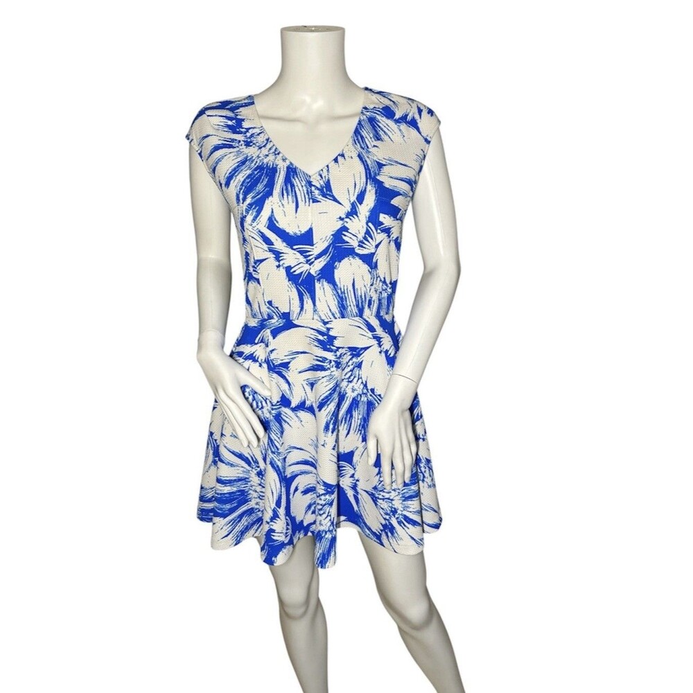 AQUA Women’s Fit & Flare Sun Dress Blue Floral Short Sleeve Size M Made In USA!
